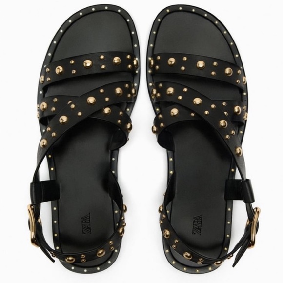 🆕 NWT Zara Black Leather Studded Sandals - Picture 8 of 16